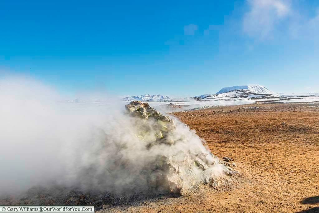 Steam erupting from a pile of rock at the geothermal park of Námafjall Hverir in Iceland