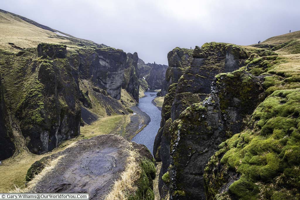 Looking down the Fjaðrárgljúfur Gorge to the river snaking its way through