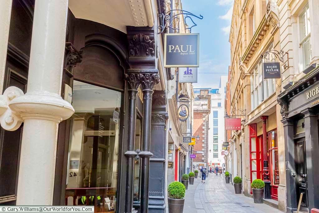 A view down the pedestrianised Bow Lane in the City of London