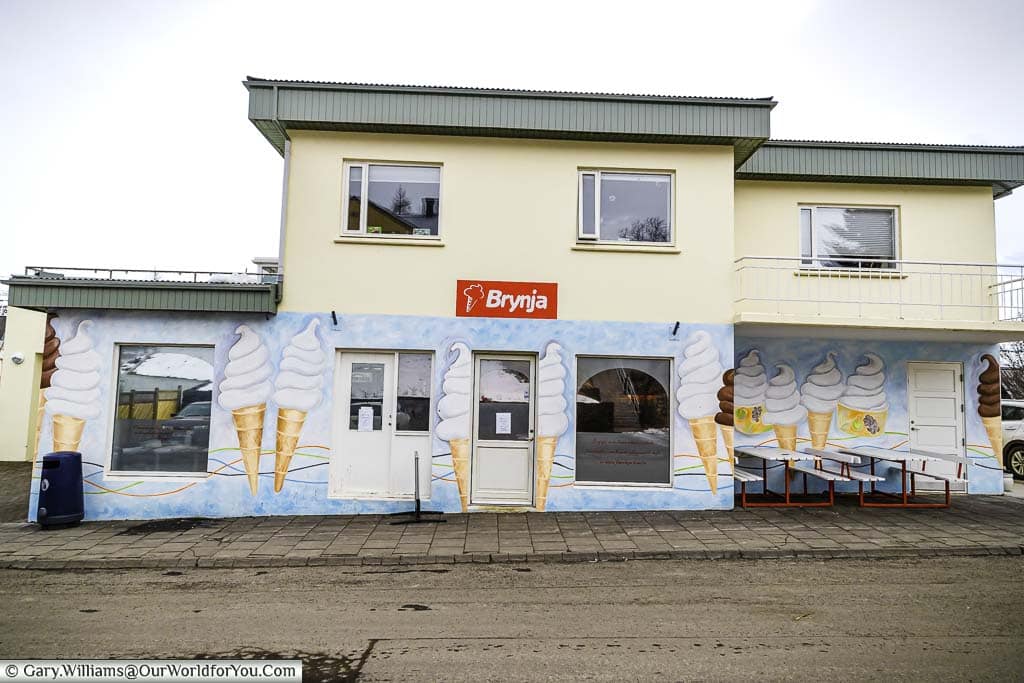 Ice cream cones painted on the Brynaja ice cream parlour in Akureyri