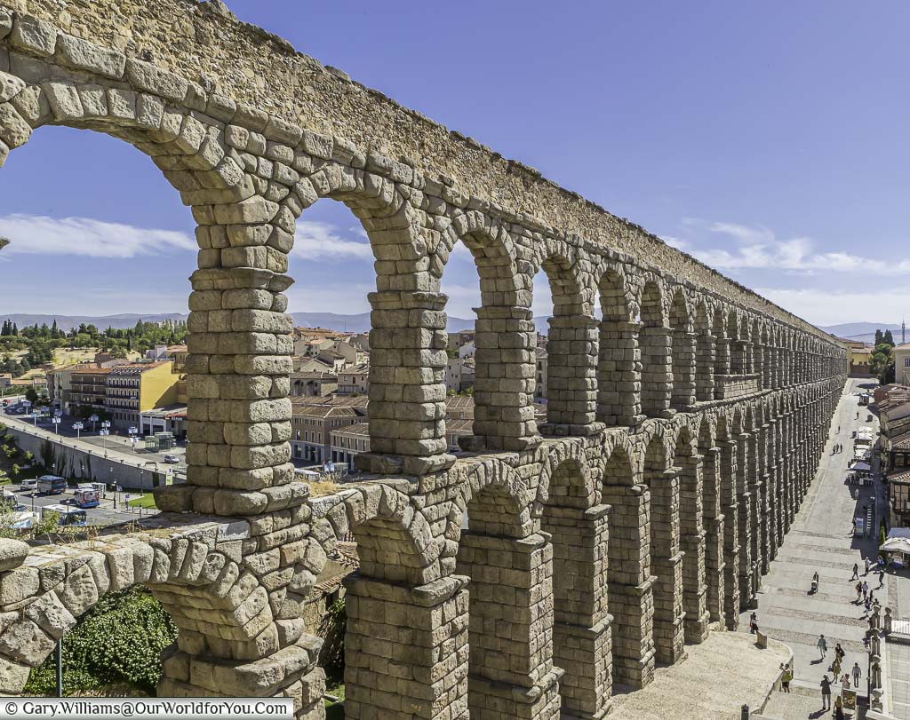 A view of the main section of the Roman aqueduct of Segovia.