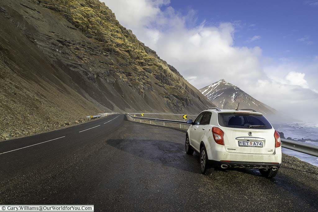 Etta, our little SsangYong Korando 4x4 hire car for our icelandic ring road tour, parked up in a layby off iceland's route one.