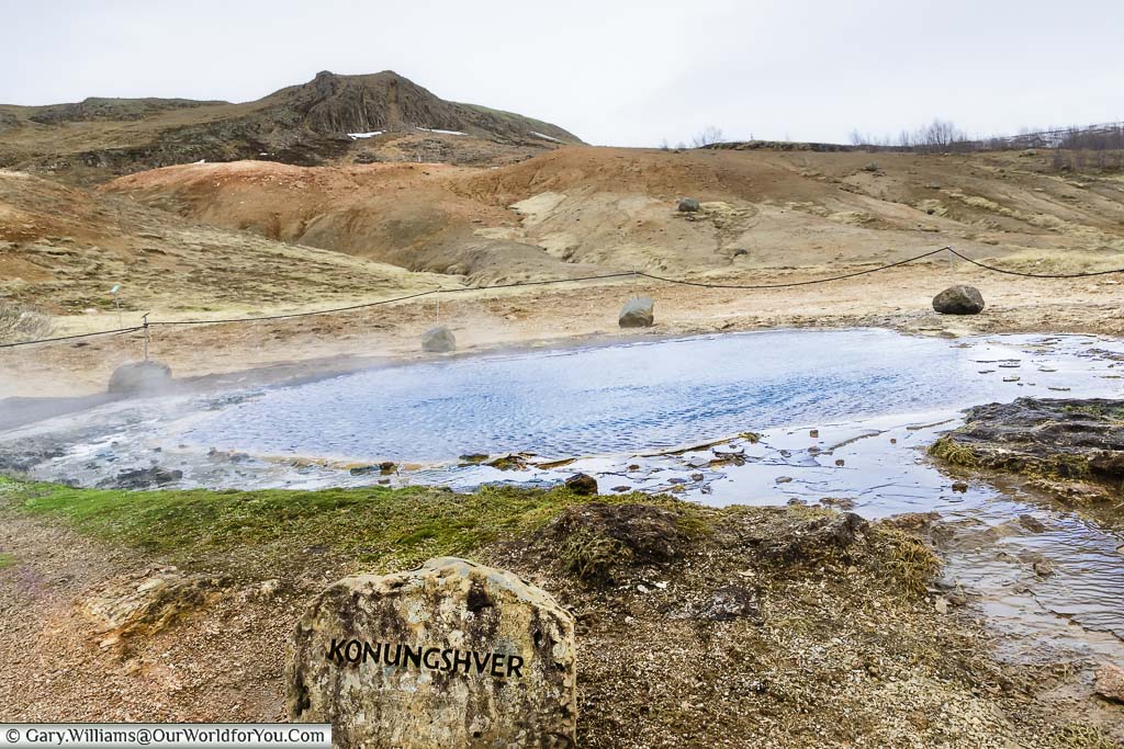 The Konungshver hot spring at the Haukadalur geothermal area in Iceland's Golden Circle
