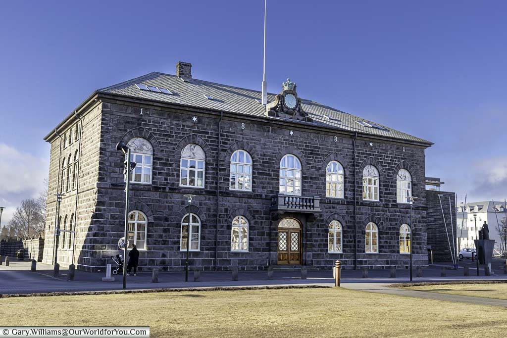 The 19th-century stone building that is home to iceland's parliament or Alþingishúsið in the centre of reykjavik