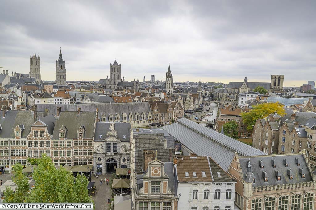The view across ghent in belgium from the rooftop of the Castle of the Counts