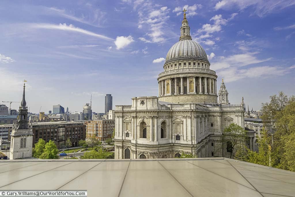 St Paul’s Cathedral from the roof of One New Change, St Paul's station, London, England, UK