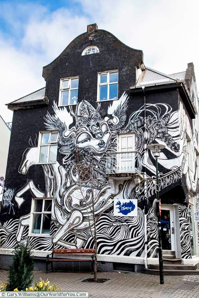 A traditional black building in reykjavik's covered in a beautiful piece of street art