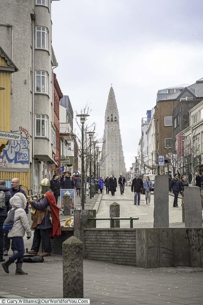 A look up Laugavegur to reykjavik's iconic church, Hallgrímskirkja