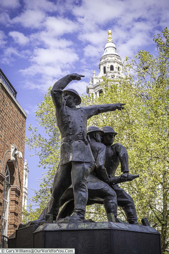 A bronze statue depicting the firefighters who save St Paul's cathedral during the Blitz