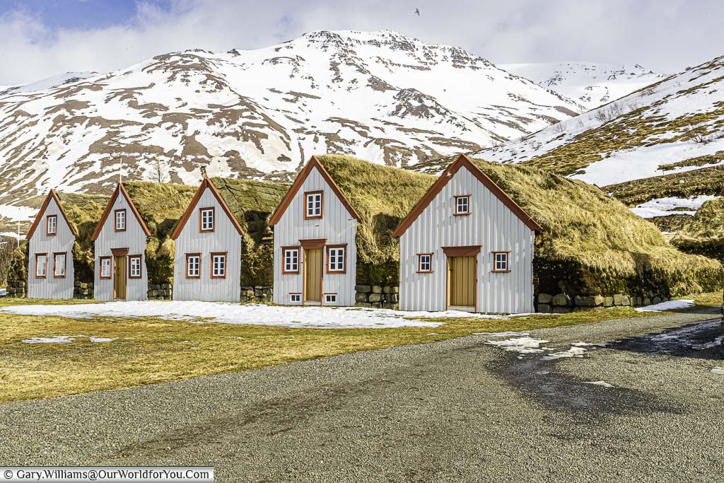 Reconstructed ancient farmhouses covered in turf over the roofs at the Laufás museum in Iceland