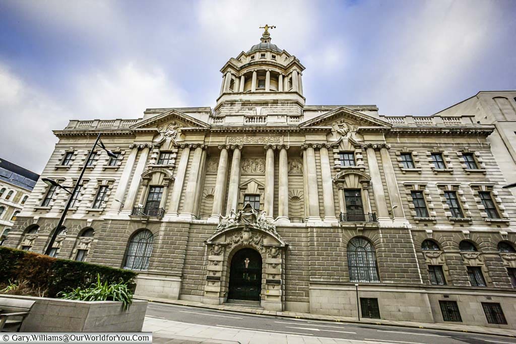 A close-up of the front of the Old Bailey, a short distance from St Paul's tube station