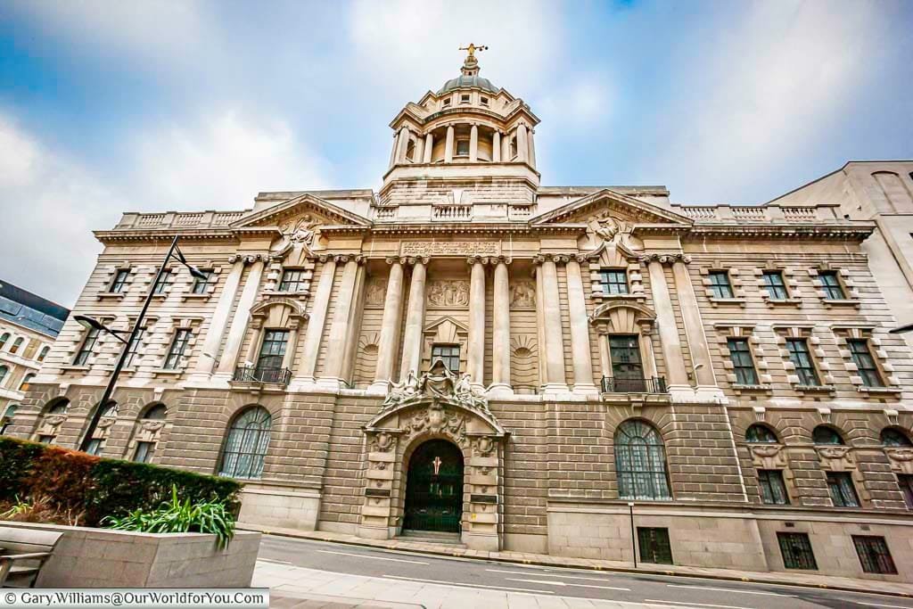 A close-up of the front of the Old Bailey, a short distance from St Paul's tube station