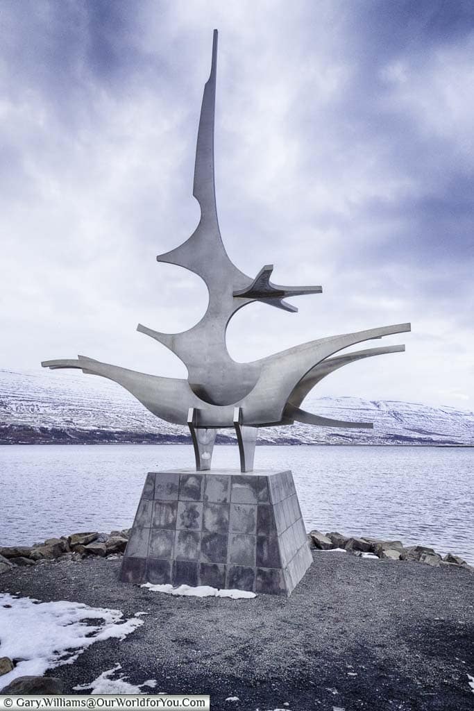 The stainless steel Solfar sculpture at Akureyri representing an Icelandic longboat