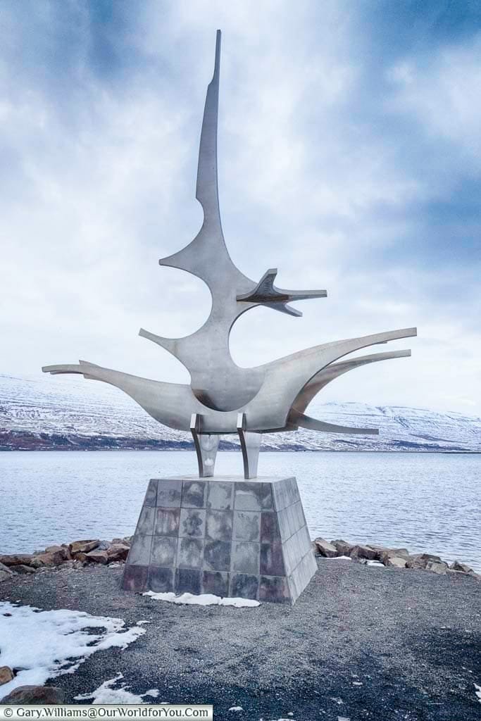 The stainless steel Solfar sculpture at Akureyri representing an Icelandic longboat