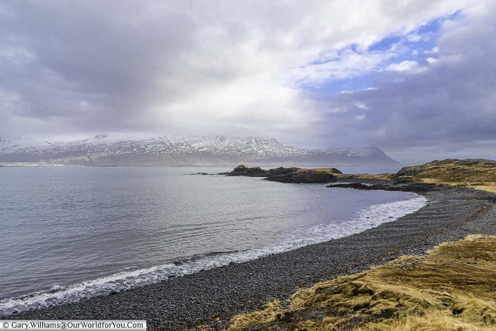 A sweeping bay of dark pebbles in the Teigarhorn Natural Monument and Nature Preserve, Eastern Iceland