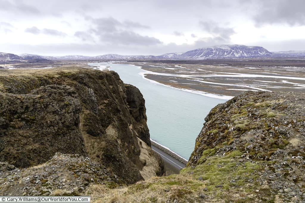 Looking north from Gaukshöfði, across route 32 and one of Iceland's many rivers