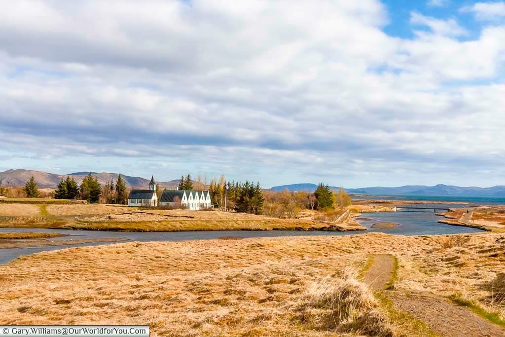 þingvellir National Park Valhallarvegur with the Thingvellir Church in the distance, Iceland