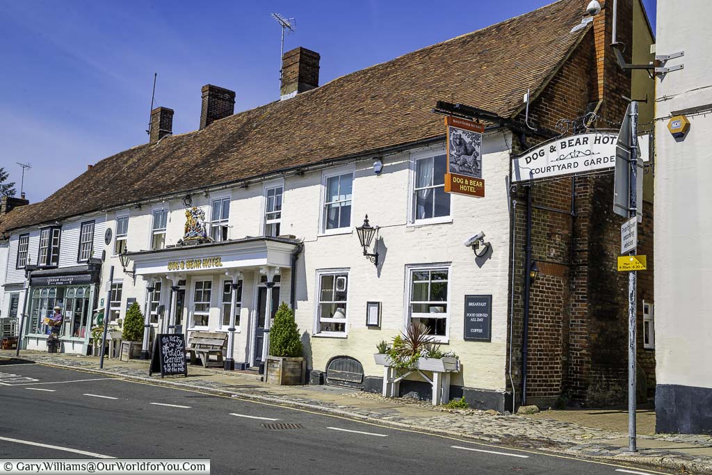 The 17th-century Dog and Bear Hotel in Lenham, that was once a coaching inn on this historic road.