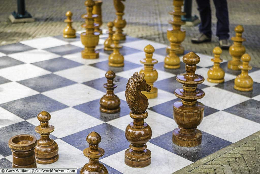 A game of giant-sized chess being played in keukenhof gardens in holland