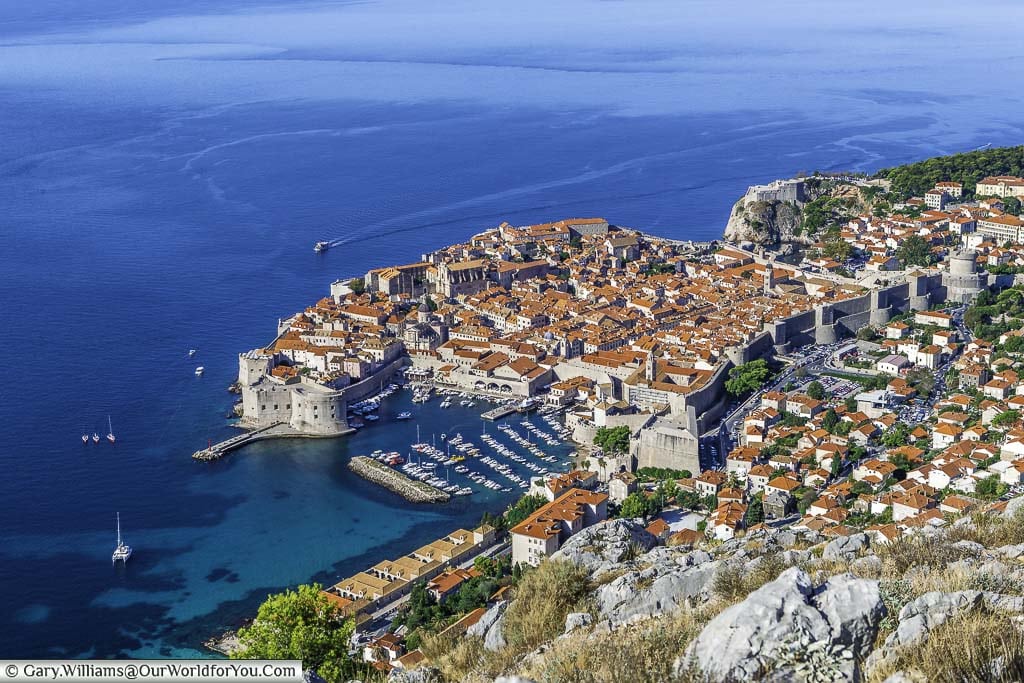 Looking down from the iconic viewpoint overlooking the historic walled city of Dubrovnik, and its crystal clear deep blue waters.