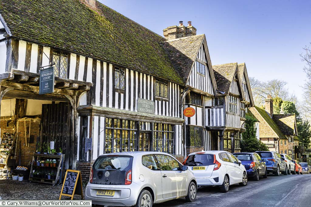 Half-timbered Tudor houses and shops on the High Street of the National Trust Chiddingstone village in Kent