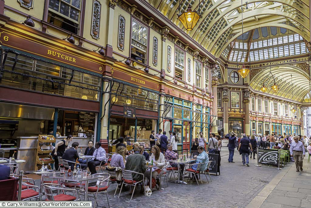 A bustling Leadenhall Market, close to Bank Station, at a weekday lunchtime.