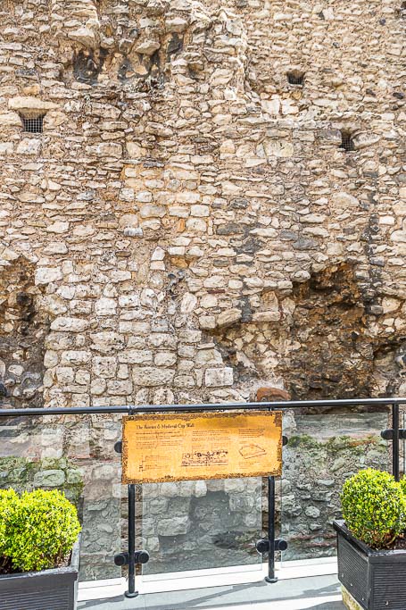 An exposed section of London's Roman & Medieval city wall that used to surround the old city.