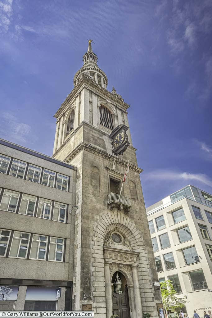 The bell tower of the Church of St Mary-le-Bow, off Cheapside.