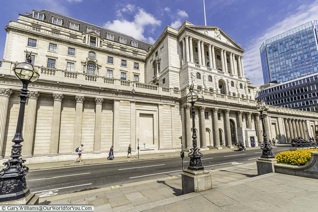 The Bank of England building as seen from Threadneedle Street, close to Bank station