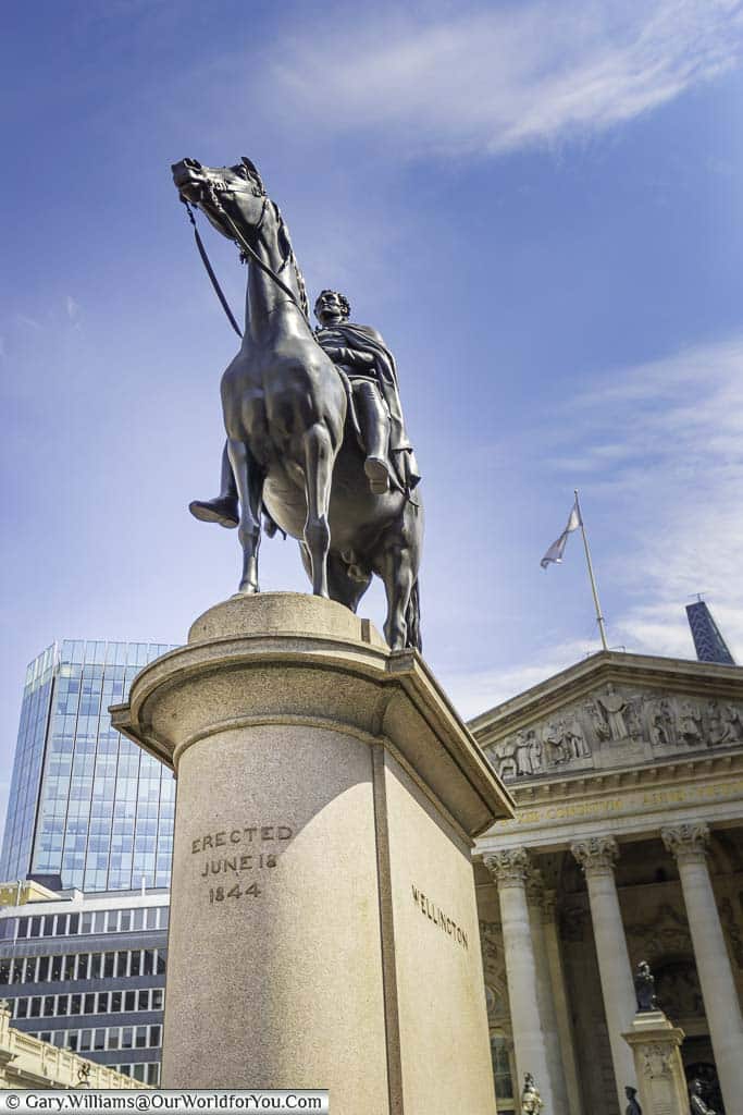 An Equestrian statue to the Duke a Wellington, in front of the Royal Exchange, above Bank Underground station, in the heart of the City of London