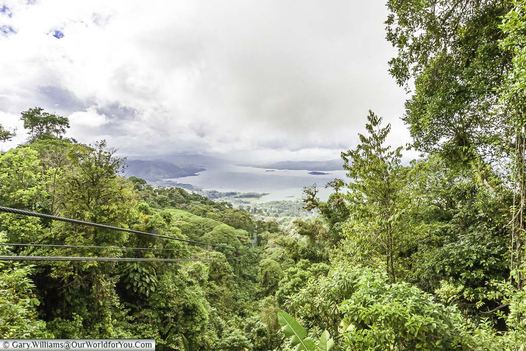 A view from the Sky tram platform in the Arenal Volcano National Park through the rain forest to Lake Arenal.