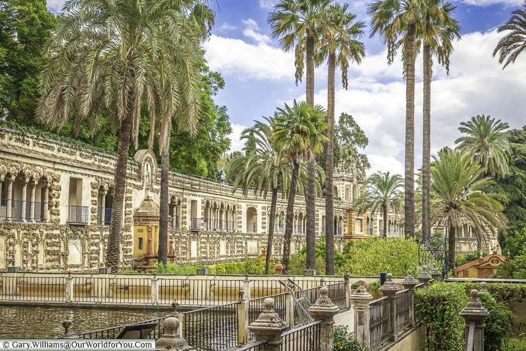 Tall palm trees dominate the view with an ornate high wall as a boundary to the gardens of the Alcazar of Seville.