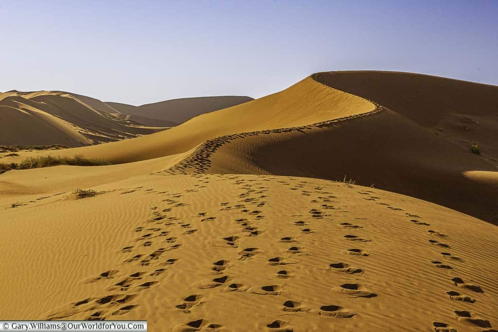 Foot tracks leading up the sand dune known as 'Big Mamma' in Sossusvlei, Namibia