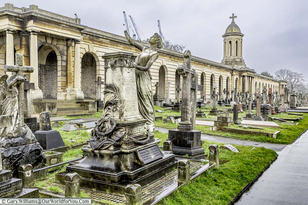 Impressive Victorian tombs and classically styled features of Brompton Cemetery, in London, have appeared in many movies.