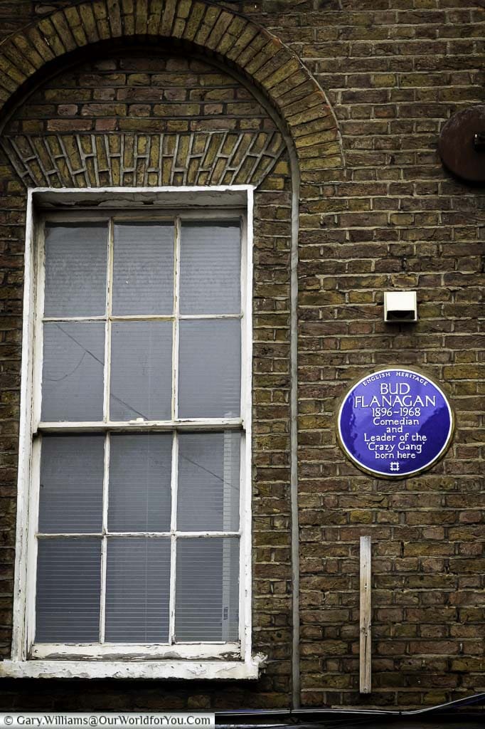 A Blue plaque to Bud Flanagan, Comedian and Leader of the ‘Crazy Gang’ at 12 Hanbury St.