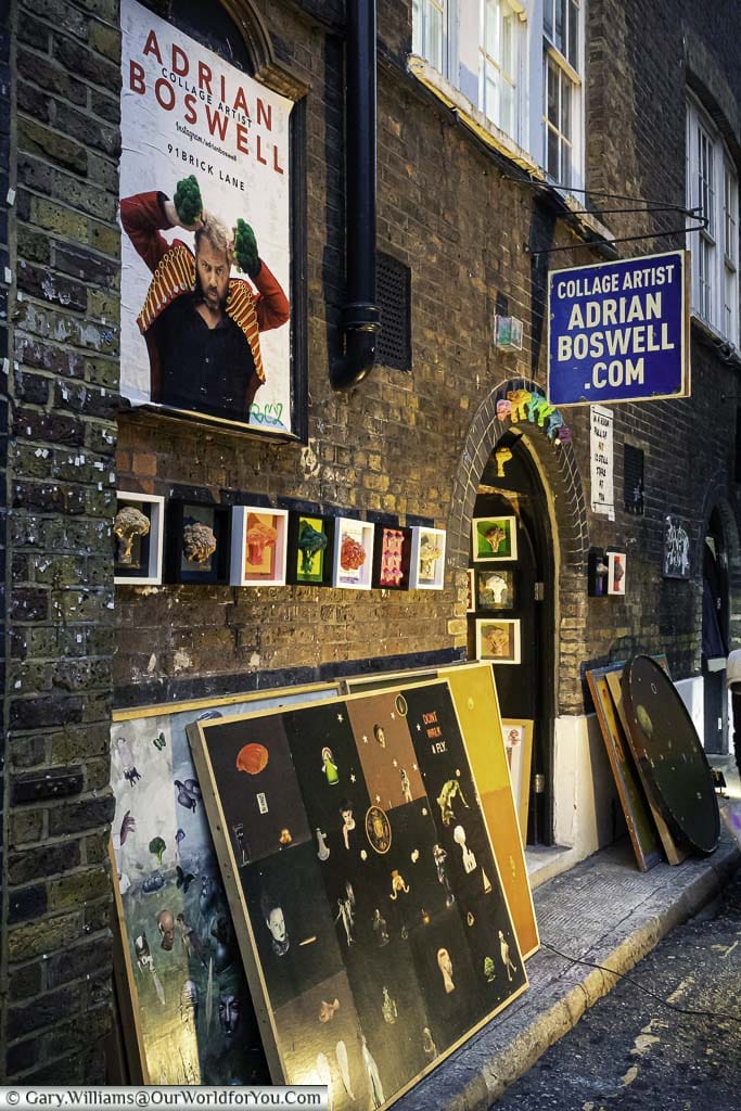 Outside the art studio of Adrian Boswell in Brick Lane, a renown collage artist.
