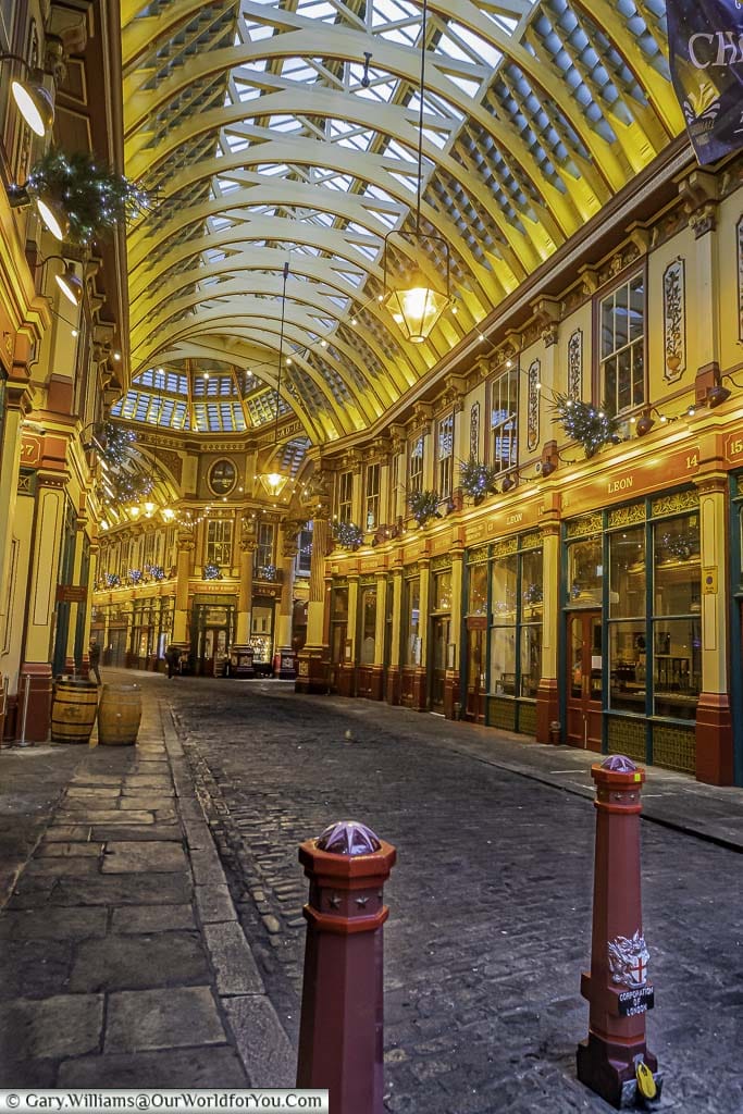 A view down Leadenhall Market which doubles as Daigon Alley in Harry Potter and the Philosopher’s Stone.