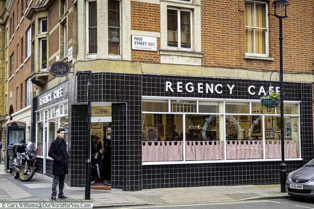 The art deco styled Regency Café on Page Street, Westminster. This no-frills café has featured in a movie or two.