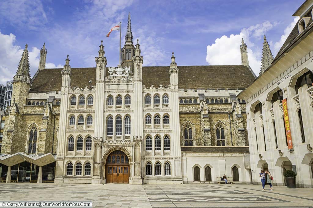 The Guildhall in the centre of the City of London. This medieval town hall dates for the middle of the 15th century but has been restored a number of times due to damage through fire and war.