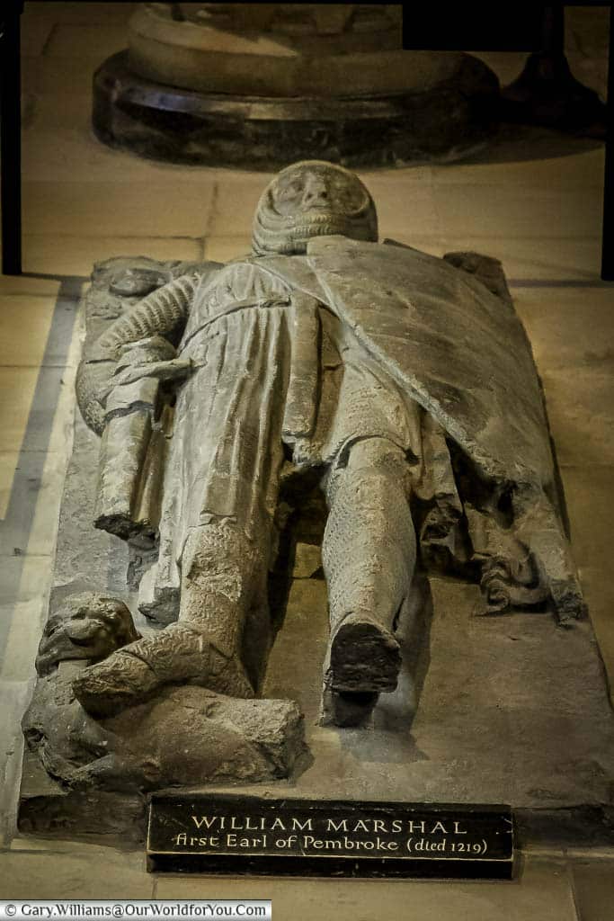 A stone effigy of the Knight William Marshal above his tomb within Temple Church, London