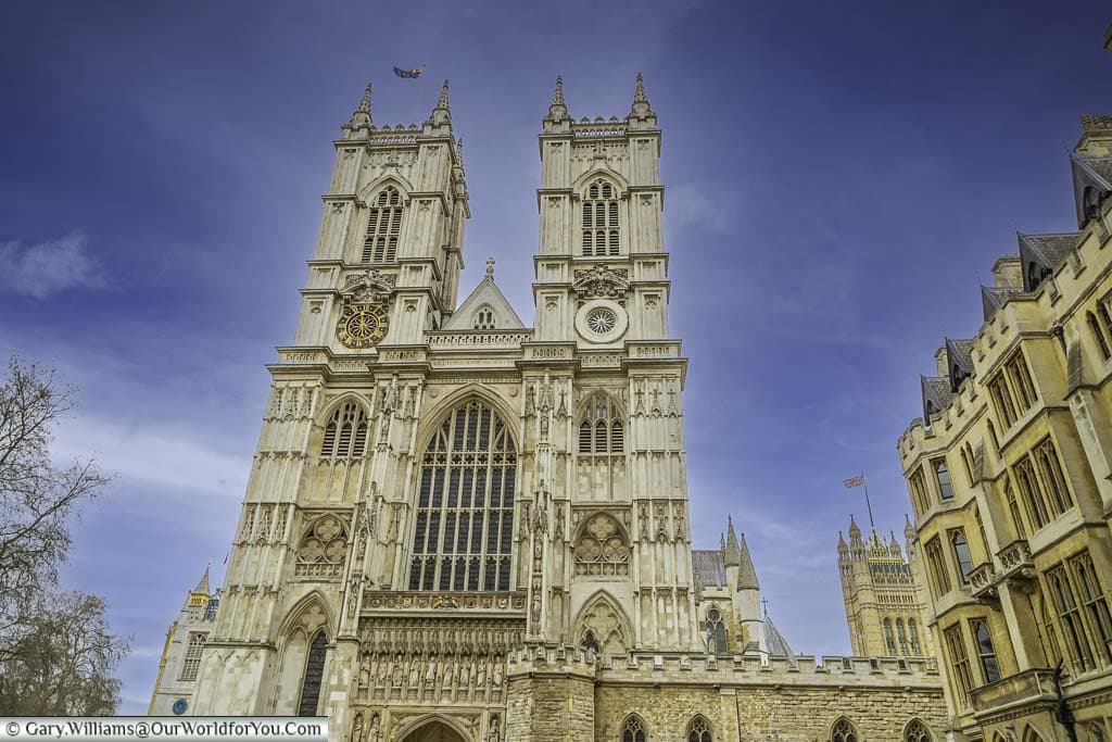 The Portland stone West Towers of Westminster Abbey in London, designed by Nicholas Hawksmoor