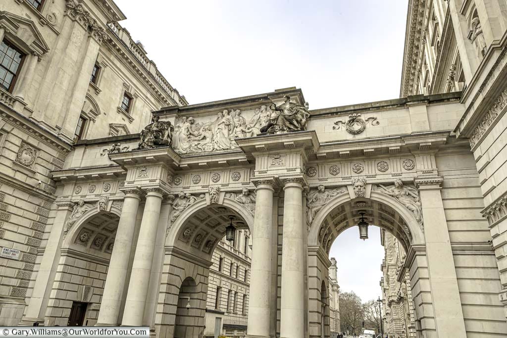 The beautiful detail around Whitehall includes a three-arched bridge over King Charles Street, which is flanked on either side by buildings of state.