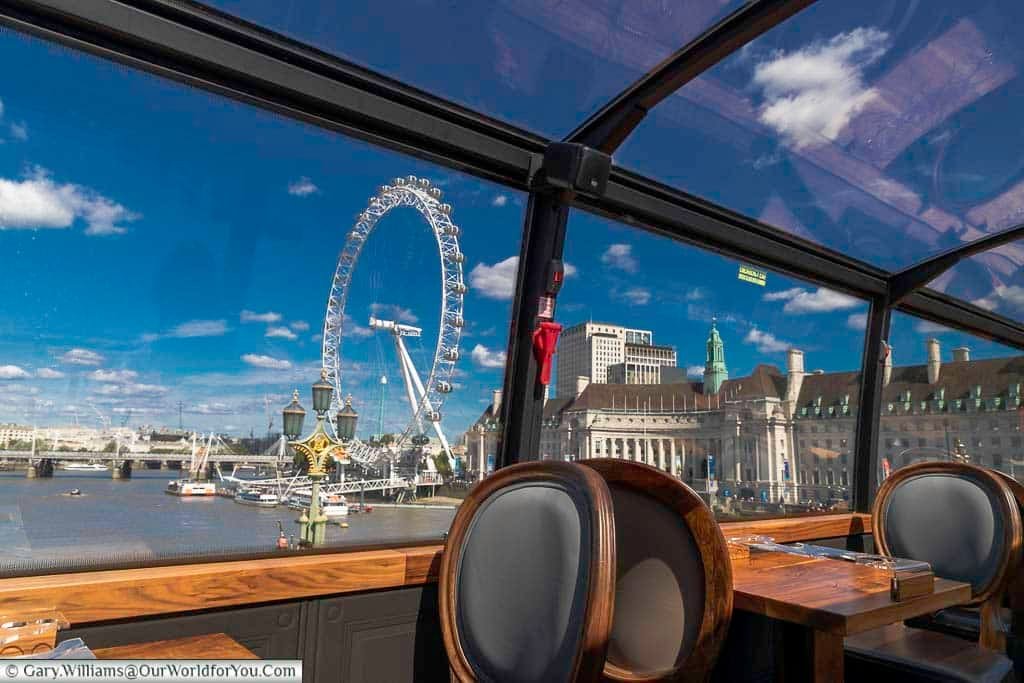 The view from Westminster Bridge to the old County Hall and the London Eye.