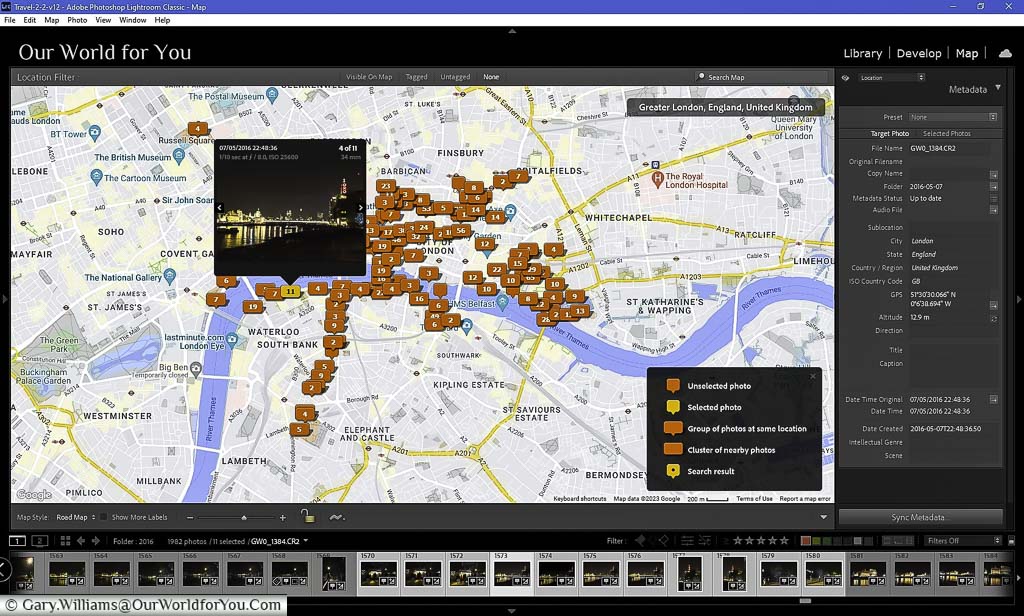A screenshot of the Adobe Lightroom interface on the Map tab identifying the shots taken in London