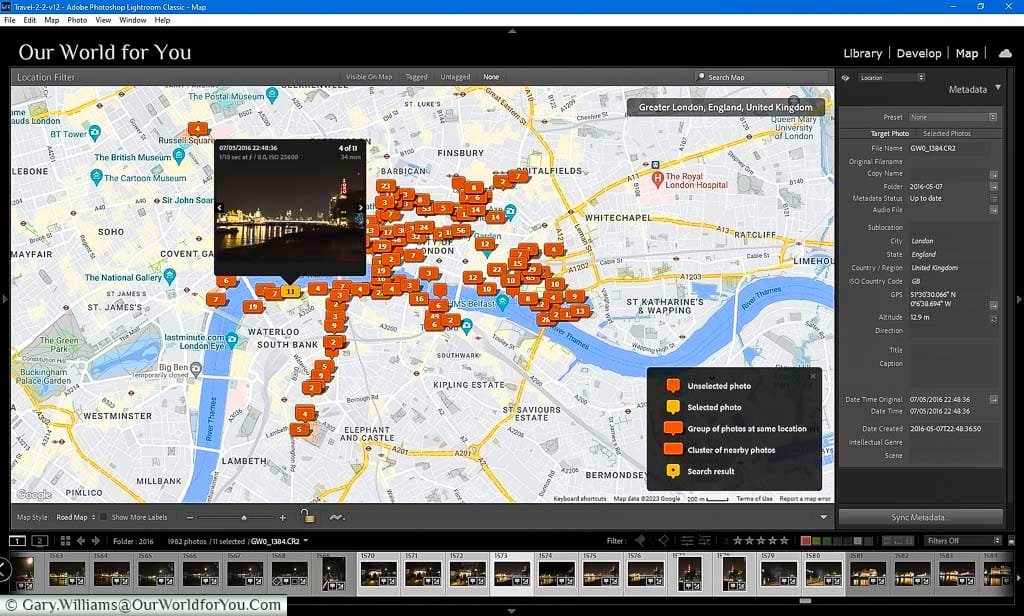 A screenshot of the Adobe Lightroom interface on the Map tab identifying the shots taken in London