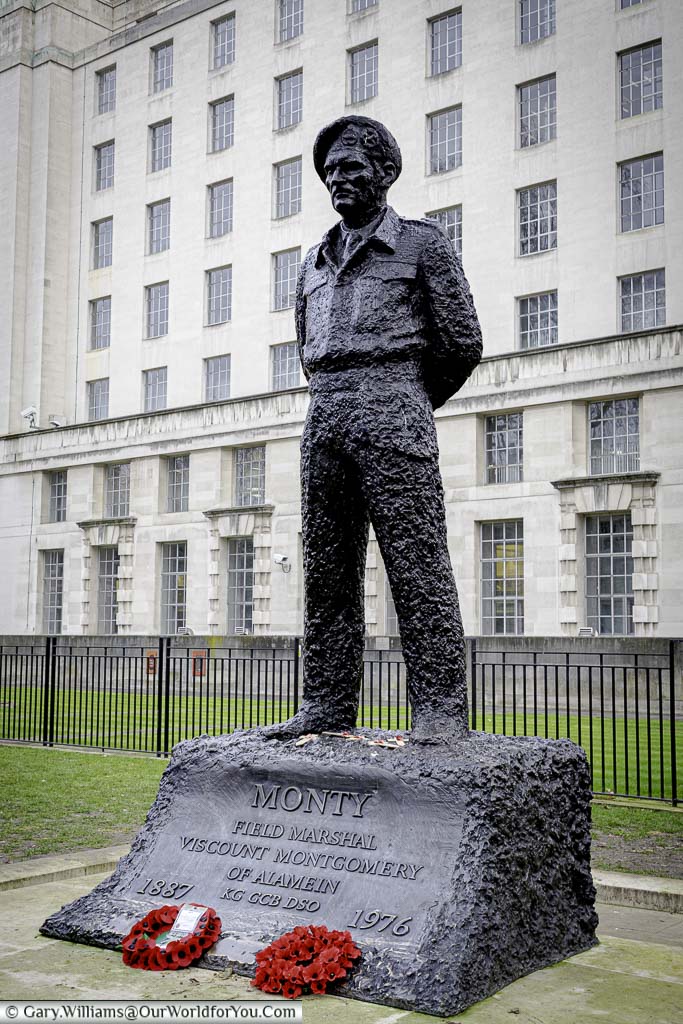 A brass statue to 'Monty', or Bernard Montgomery, 1st Viscount Montgomery of Alamein, in full desert battle dress in front of the Ministry of Defence building