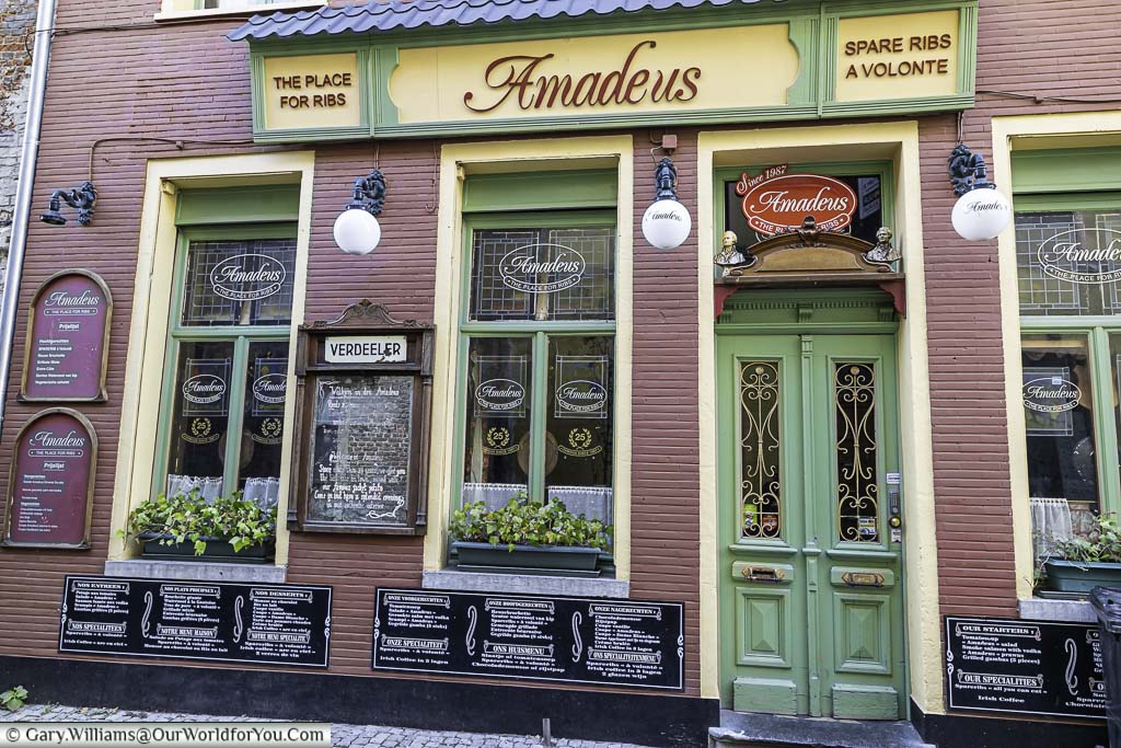 The facade of the amadeus restaurant in the patershol district of ghent in flanders