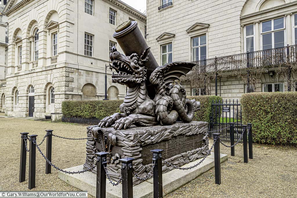 An iron cannon mounted in the back of a dragon on this monument in Horse Guards Parade