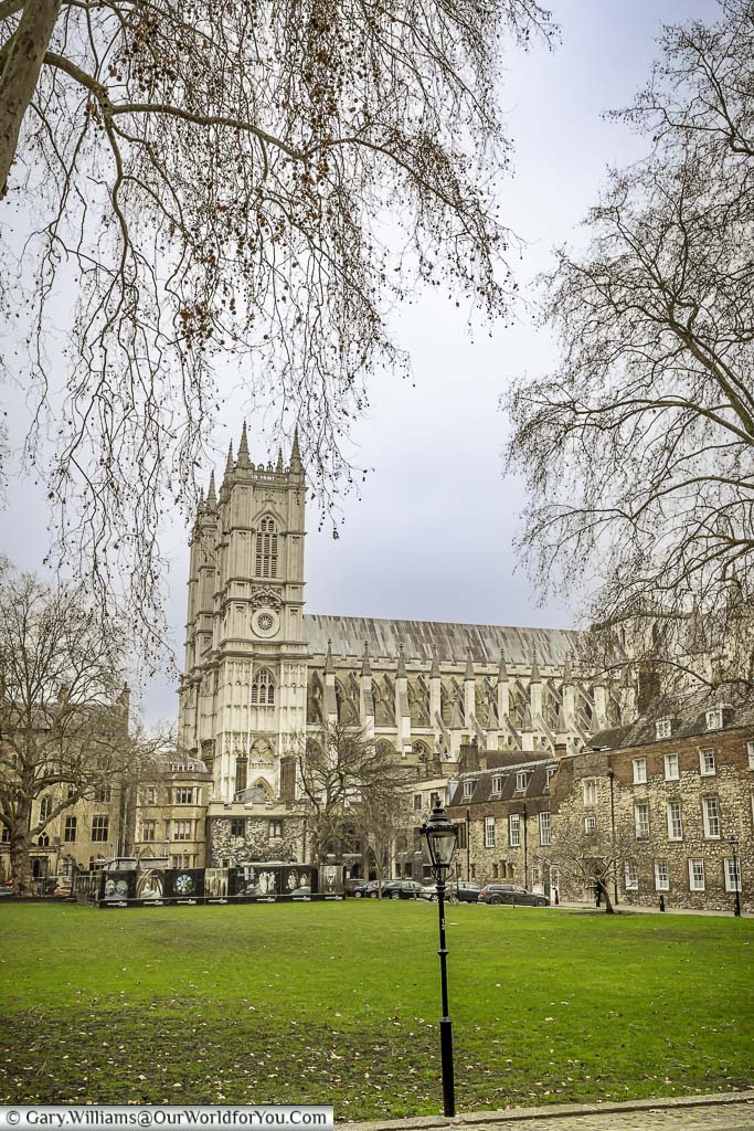 Looking across the lawn of Dean’s Yard with Westminster Abbey in the background.