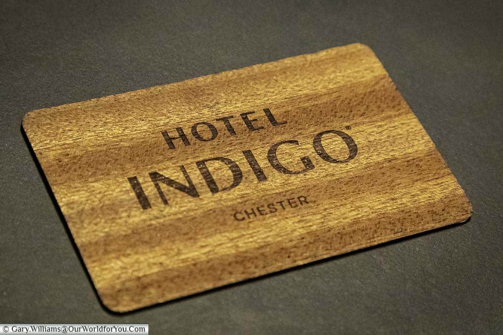 The wooden credit card-sized room ket for our King Deluxe Room at the hotel indigo chester